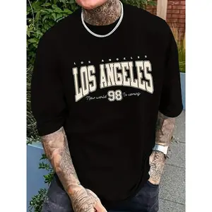 Cotton short sleeve T-shirt [1pc casual Los Angeles tee] 1pc MEN'S casual Los Angeles print T-shirt, polyester crew neck short sleeve tee with slight stretch, knit fabric summer for adults