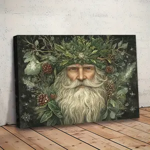 Wooden Frame Canvas Wall Art Ready to Hang - Pagan Christmas King Folk Art with Holly Berries and Snowflakes, 29.97x 39.88cm Rustic Farmhouse Decor Suitable for Bedroom, Kitchen, Office, Bar, Living Room - YIMM7401, Seasonal Home Style|Natural Inspiration