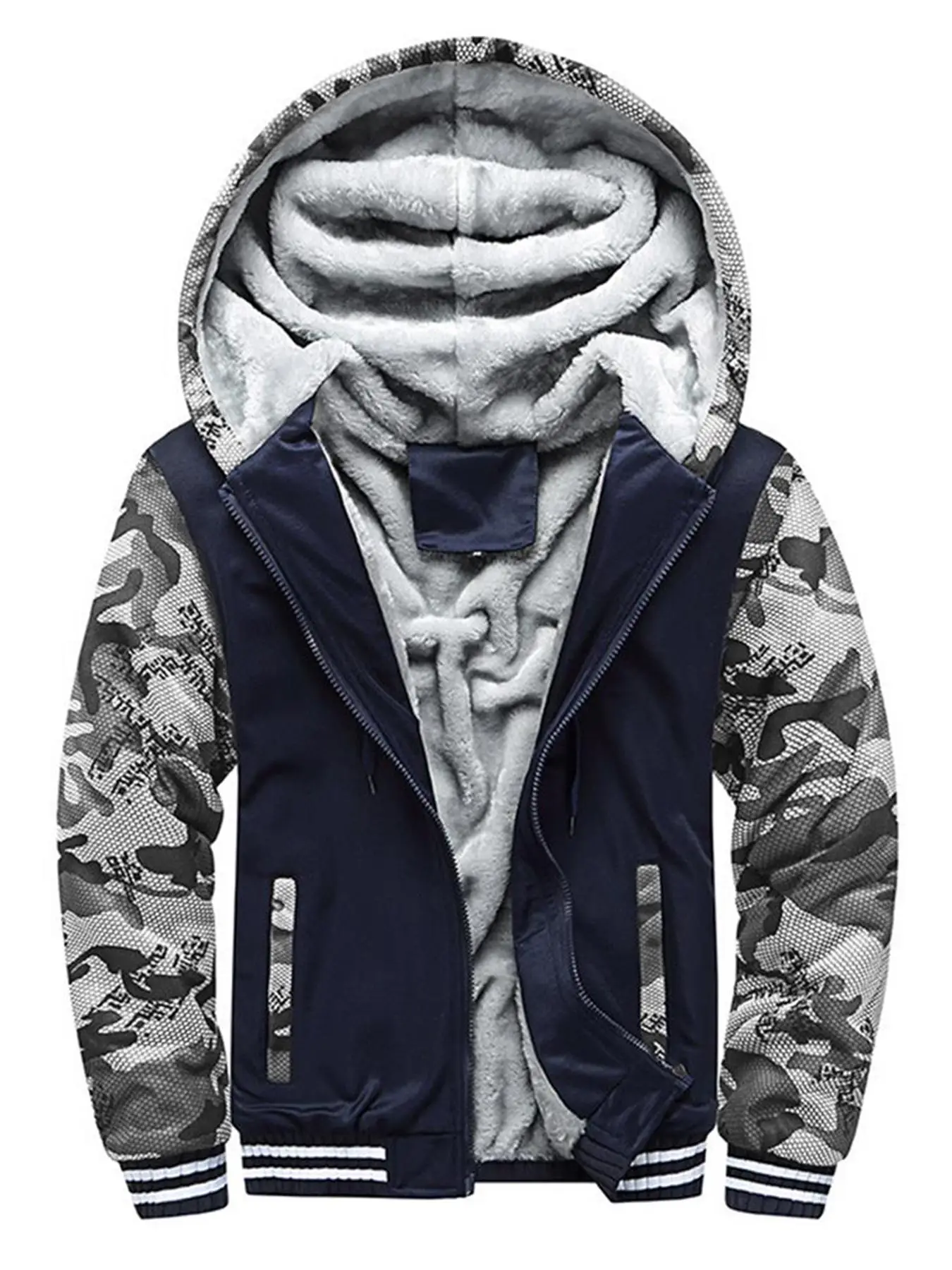 Men's Winter Jacket Camo Print Zip up Thermal Lined Hooded Jacket, Casual Warm Longsleeves Zipper Front Outerwear for Fall & Winter, Men's Clothes for