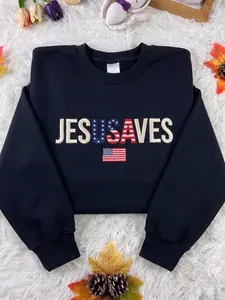 Embroidered Jesus Saves Sweatshirt, Patriotic Faith Crewneck, Christian 4th of July Shirt, USA Flag Tee, Religious Gift