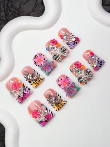 10pcs/Set Handmade Y2K Duckbill Nail Tips, Nude, Red, Yellow, Purple, Green Colors With French Edge, Zebra Print, Carved, Butterfly, Star, Floral, Bubble Pearl Designs, Suitable For Women And Girls, Party, Wedding, Daily Wear,  Great Gift For Ladies