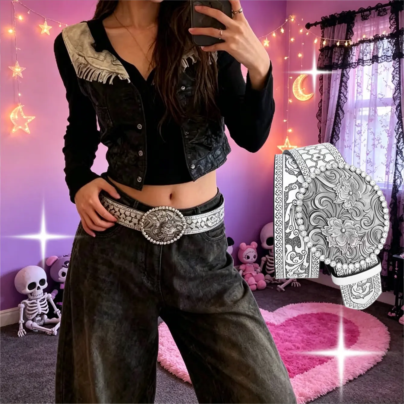 Y2K Boho Western Belt Vintage Silver Engraved Western Belt with Ornate Buckle detail