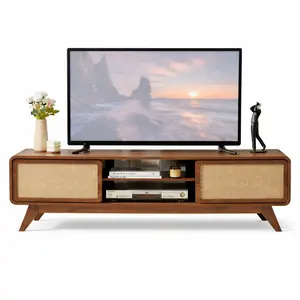 Giratree Mid Century Modern TV Stand for TVs up to 65'', Farmhouse Entertainment Center with Storage, TV Cabinet Table with Nature Linen Doors, Media Console TV Consoles for Living Room Bedroom