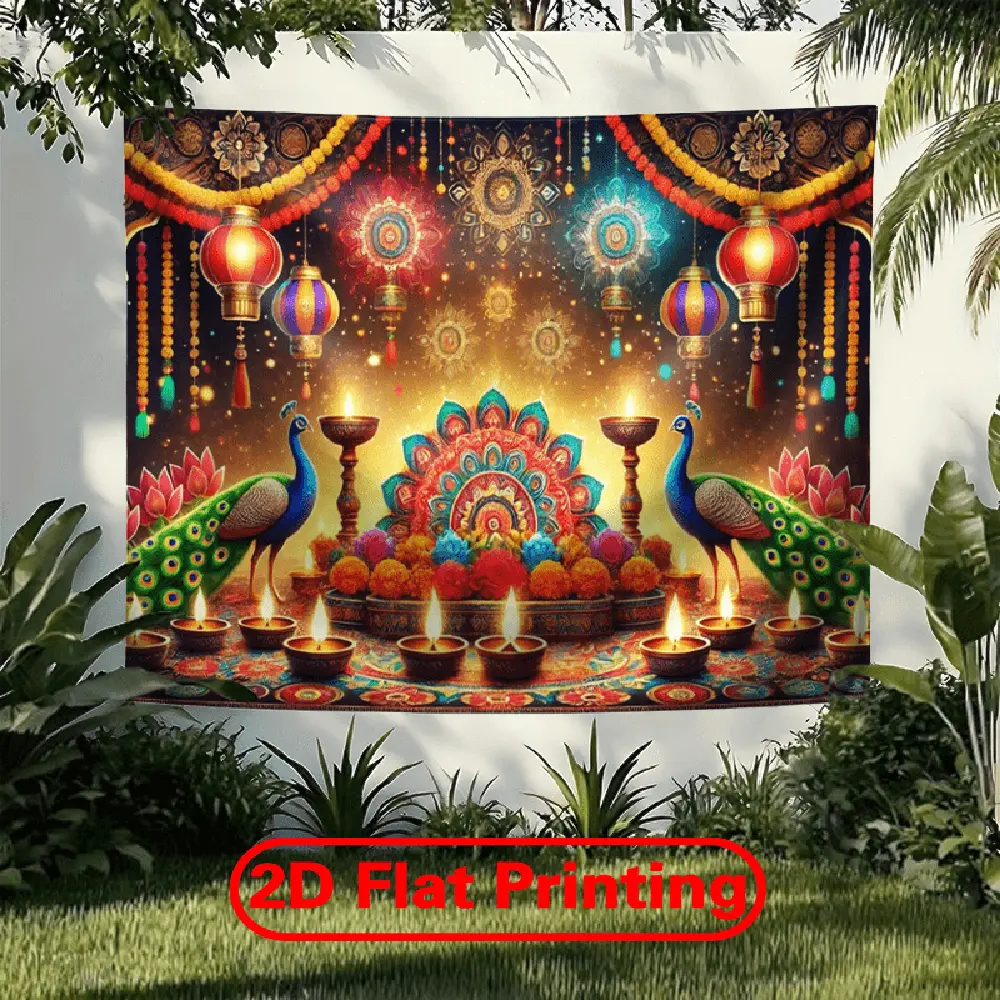 Unisex Glam Durable Polyester Diwali Wall Decor - 1pc Cordless LED Backdrop Banner, Rangoli Art, Non-Fading Soft Printing Fabric for Indoor All-Season Use