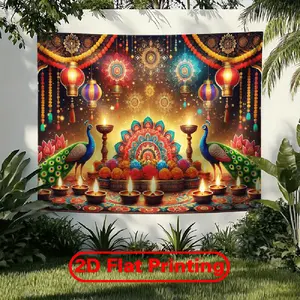 1pc 2D Flat Vibrant Diwali Festival Backdrop Banner - , Colorful Traditional Decorations with Diya Lights & Rangoli Patterns, Polyester Wall Hanging for Home, Office, Living Room, Bedroom, Studi Ornaments White