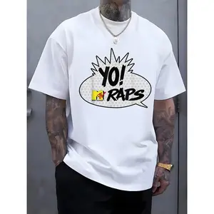 Men'S Black "YO! RAPS" Graphic T-Shirt - Casual Short Sleeve Crew Neck Tee with MTV Logo, Perfect for Summer & Spring Outdoor Activities, Outdoor Casual Wear | Bold Print Tee | Comfortable Fit, PLUS SIZE