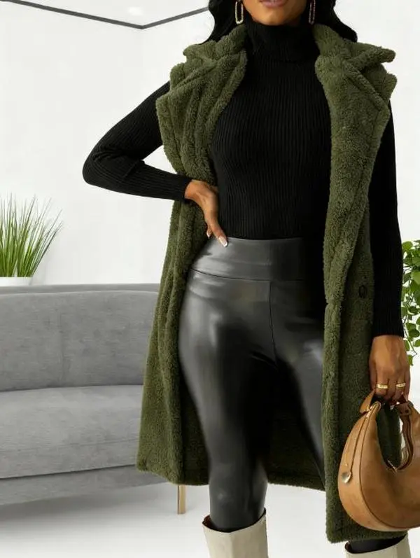 Women's Teddy Fleece Sleeveless Long Vest Warm Sherpa Outerwear for Winter Open Front Button Closure Casual Coat Womenswear