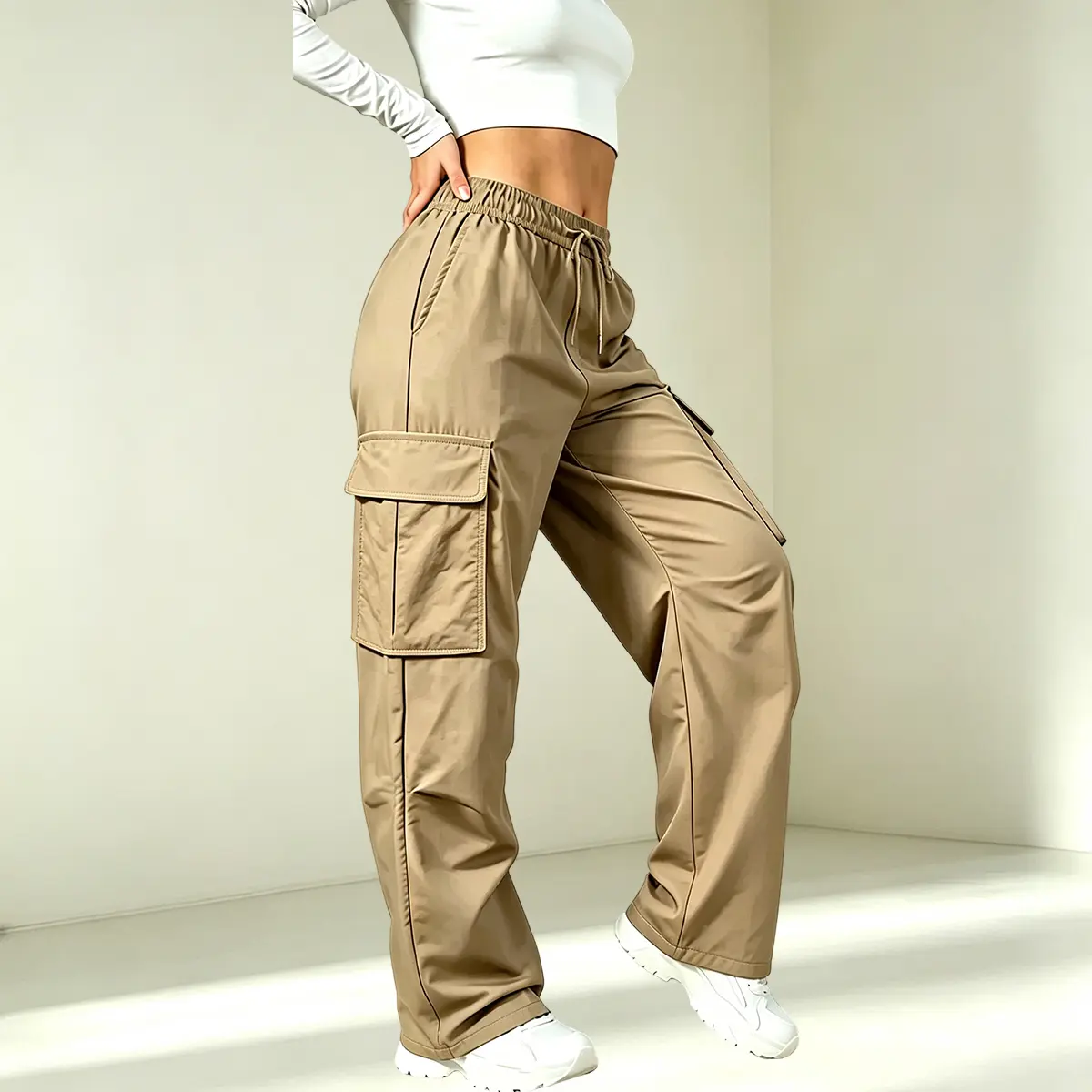 Women’s solid-color cargo pants with flap pockets, elastic waistband with drawstring, machine washable; suitable for outdoor workouts, sports, shopping, hiking, fitness, and dates; women’s cargo long pants for all seasons.