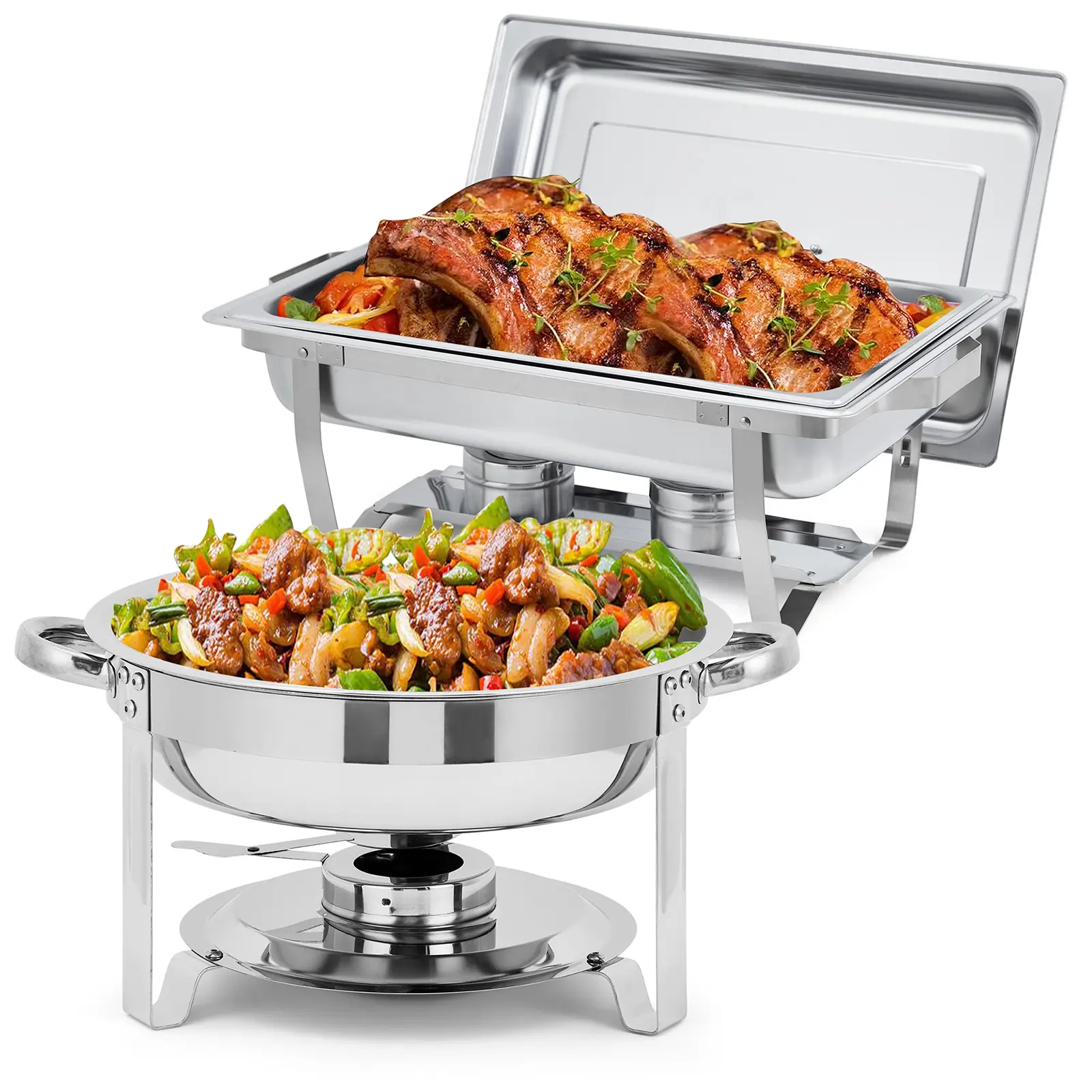 2pcs Durable Stainless Steel Corrosion-Resistant Dual-Style Chafing Dish Set - 8QT Rectangular Casserole Dish, 5QT Round Heat-Resistant Bakeware, Lid-Seal Buffet Warmers with Lids, Fuel Holders, Stackable Serving Pans for Catering, Parties