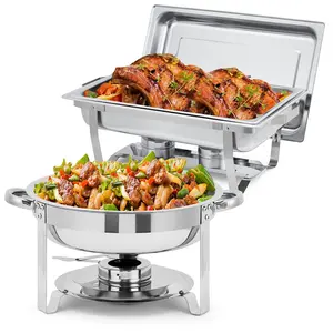 Chafing Dish Set,Stainless Steel 8QT Rectangle & 5QT Round Grade Buffet Warmers with Lids, Fuel Holders, Stackable Food/Water Pans for Catering,  Parties