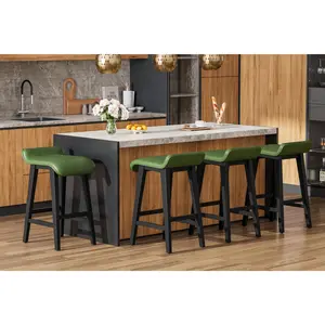 GAOMON 26.2" Solid Wood Bar Stools Set of 4, Counter Height Bar Stools with Wide PU Leather Upholstered Seat, Barstools Set for Kitchen Islands, Counter Bars, Green