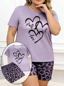 Women's Heart Print Pyjama Set, Summer Plus Size Round Neck Top & Leopard Shorts, Soft Fabric, Casual Home Wear Two-Piece Set, Pajamas