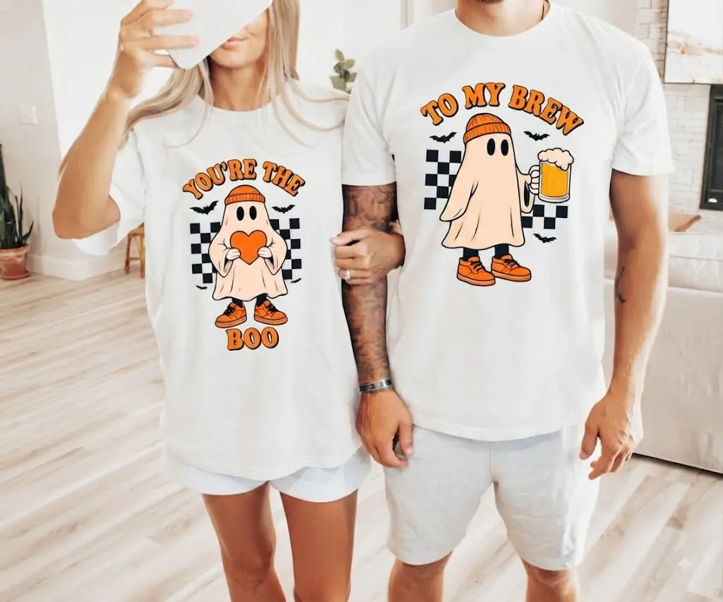 Matching Halloween Couple Comfort Color Shirts, You're The Boo To My Brew T-Shirt and Spooky Season Couple shirt, Cute Halloween Ghost Matching Tees | GHINI