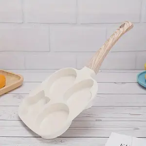 4-hole non-stick beige omelette pan - Aluminum multi-functional breakfast pan, suitable for eggs, pancakes, crepes, hamburgers, bacon and omelettes. Heat-resistant wooden handle, compatible with gas stoves and induction cookers Granite Nonstick Cookware