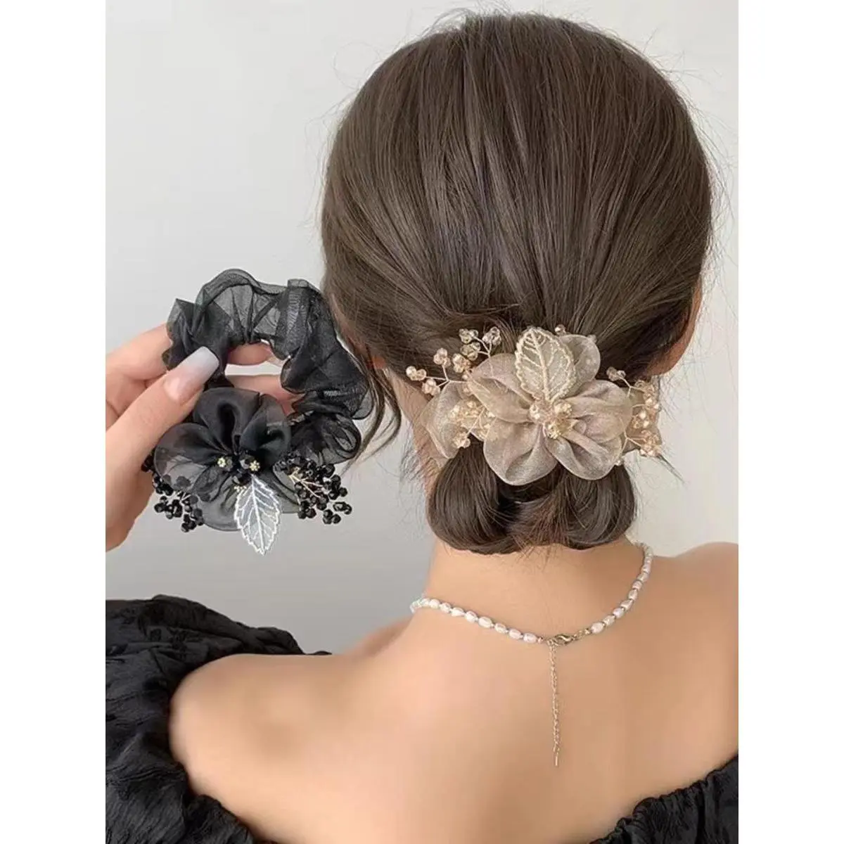 Vintage Embroidery Leaf Mesh Hair Ties, 2 Counts Flower Design Hair Scrunchies for Women & Girls, Minimalist Headwear Suitable for Thick Hair