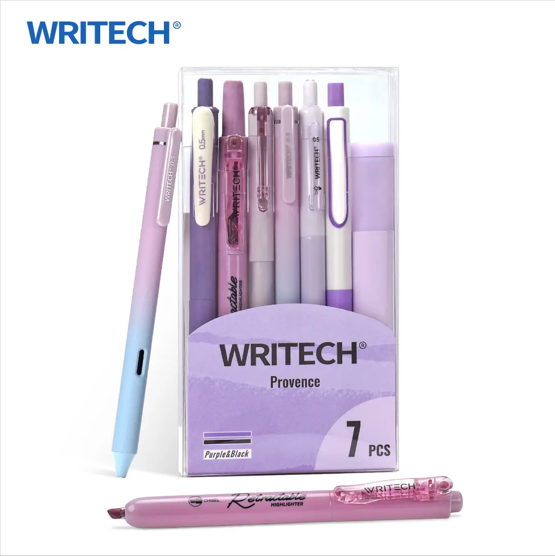 WRITECH Purple Gel Pens Journaling Highlighters Set Aesthetic Assorted Pastel Color Ink 0.5mm Fine Point Retractable 0.7mm Black Pen 7ct Multifunctional Stationery