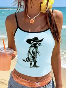 Women's Cowboy Raccoon Print Cami Top, Casual Slim Fit Spaghetti Strap Tank, Western Funny Graphic Vest for Streetwear, Daily Wear & Summer Outfits