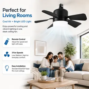 Affordable Black Socket Fan Light with Remote, E26/E27 Screw-in Ceiling Fan, Dimmable LED, 3 Speeds, Great Value Mini Fan for Bedroom Kitchen Garage