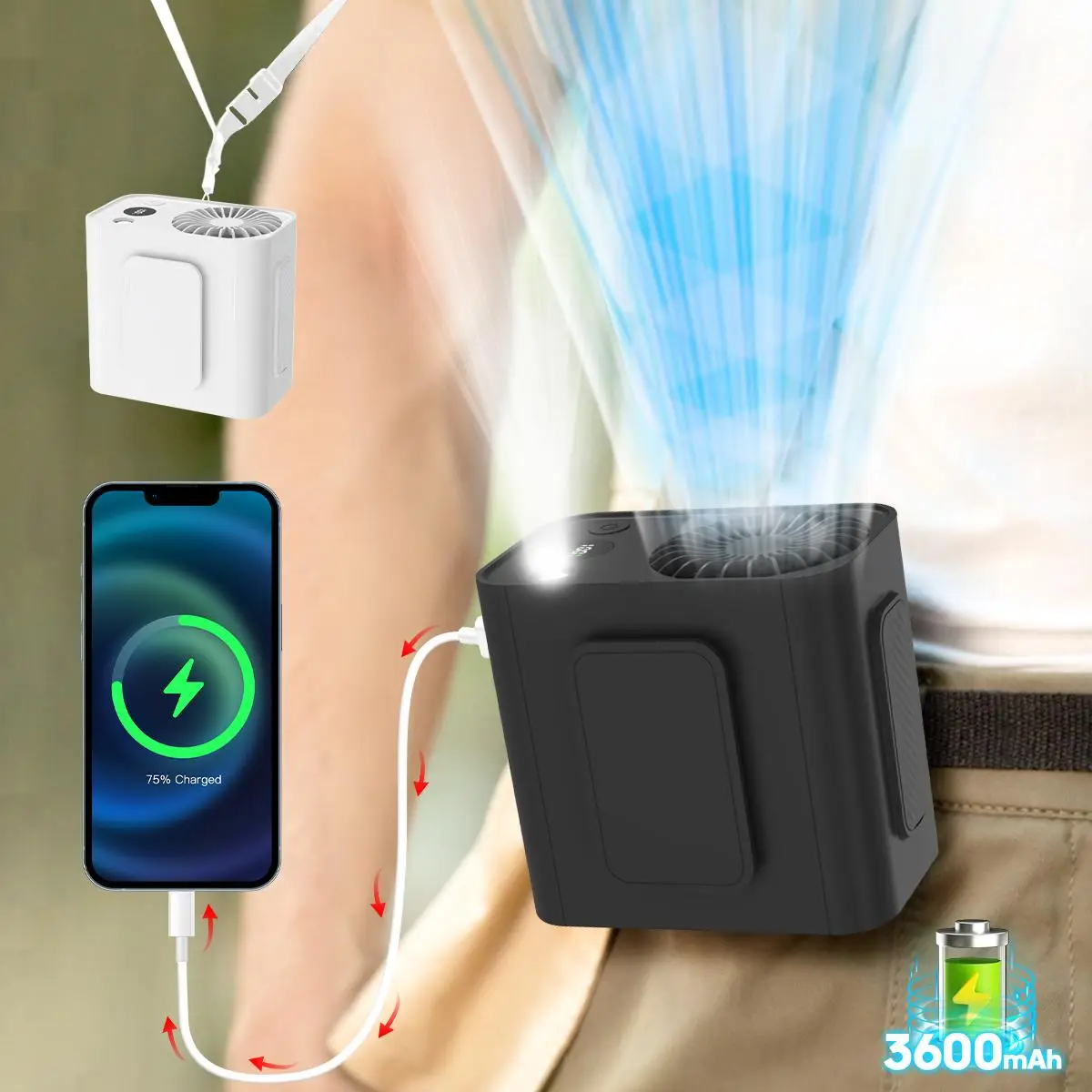 GrainBuds Portable Fan, USB Rechargeable Hanging Fan Portable Waist Fan, Hanging Neck/Waist Clip Fan, Outdoor Neck Fan, Waist Fans for Work, Cooling W