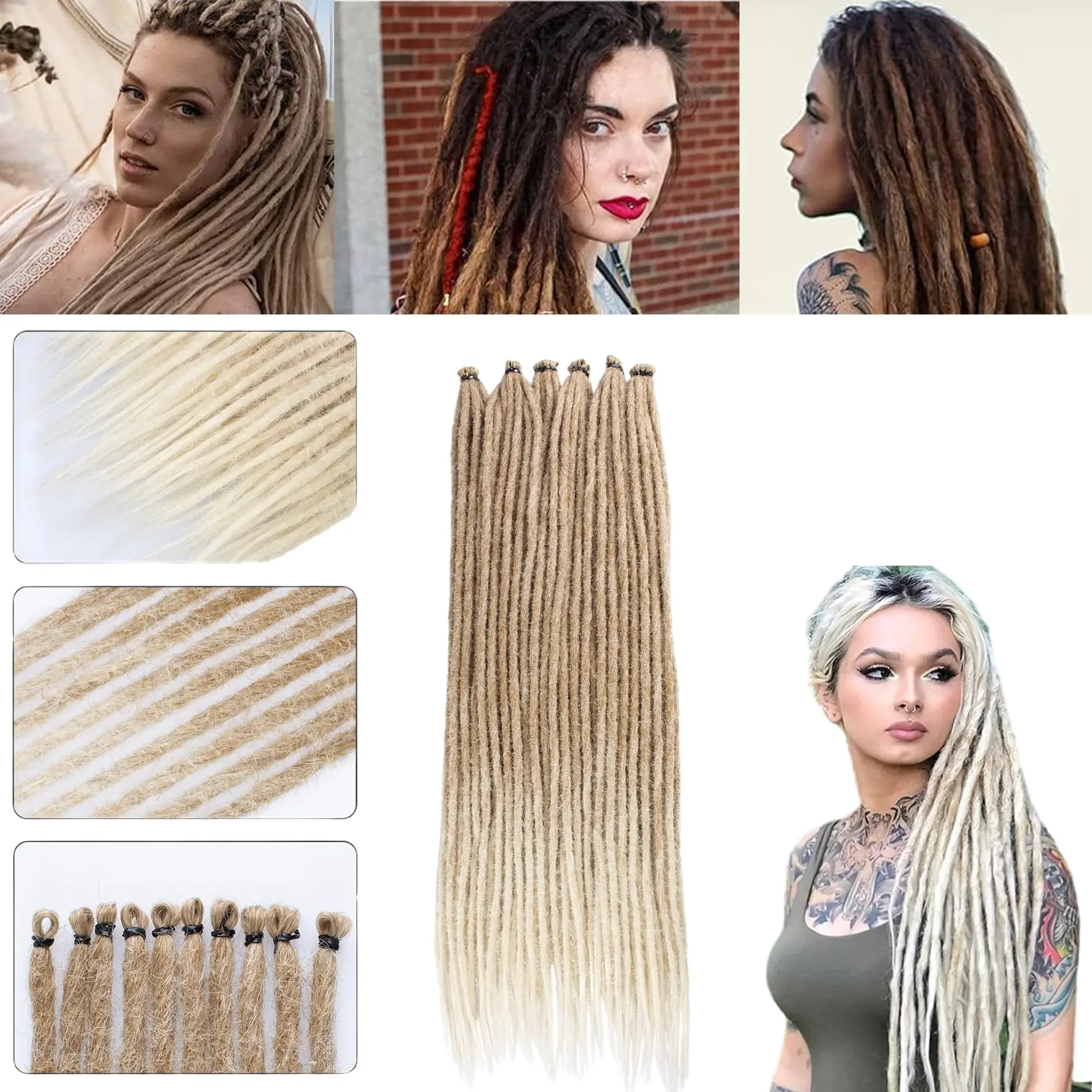 24 Inch Ombre Blonde Synthetic Dreadlock Extensions, 20 Strands 0.6cm Width Single Ended Hippie Dreads, Reggae Style Crochet Hair for Women with Free Crochet Hook