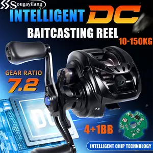 Sougayilang DC series intelligent baitcasting reel features a fifth-generation vibration alarm system, a high gear ratio of 7.2, 4+1 stainless steel ball bearings, a lightweight aluminum spool, and a multi-mode intelligent shift brake.