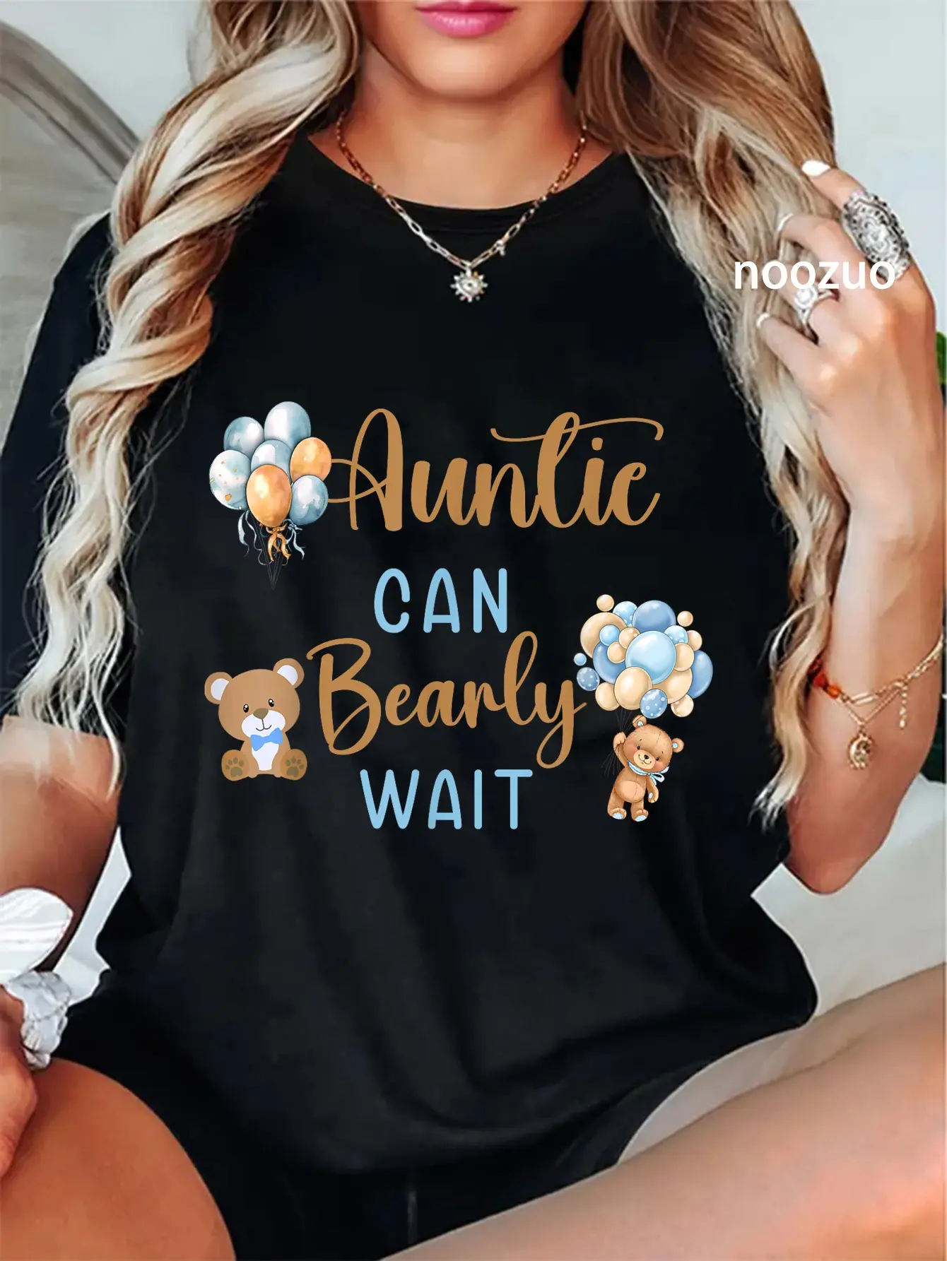 Women's 100% Cotton Casual Everyday Graphic Round Neck Streetwear T-Shirt - Gender Neutral "Auntie Can Barely Wait" Baby Shower Matching Top, Tshirt, Vintage, Funny Quote, Crew Neck