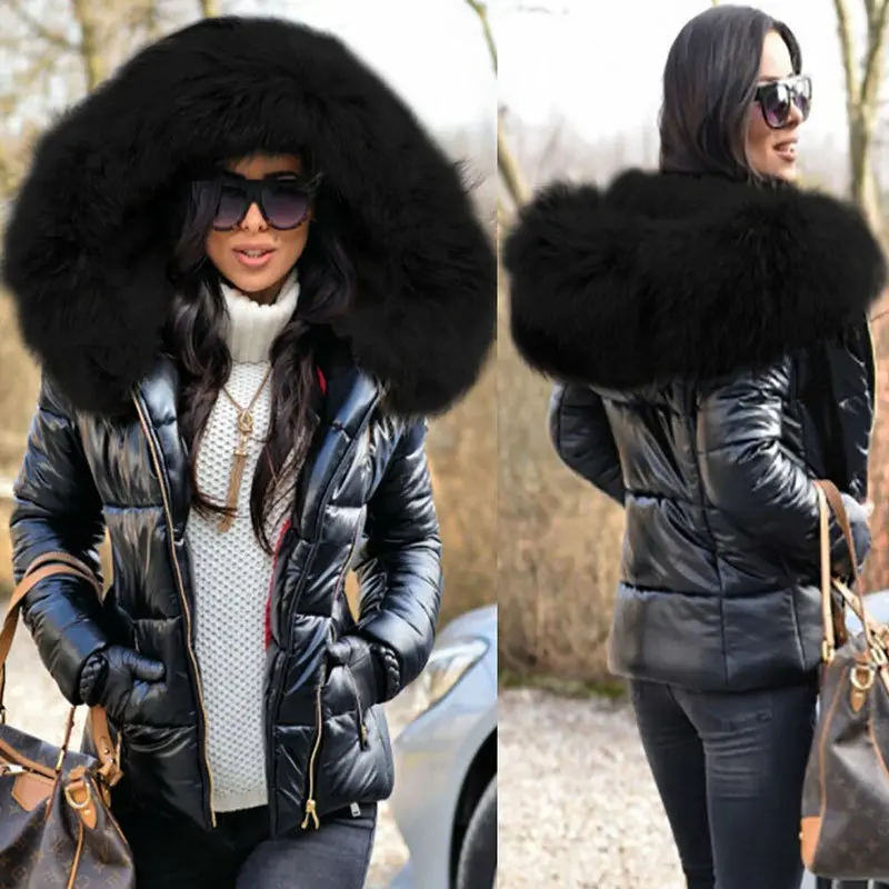 Women's Multi-Size Hooded Long Sleeve Loose-Fitting Fashion Short Puffer Down Coat with Fur Hooding, Casual Solid Cotton-Padded Winter Outerwear Top