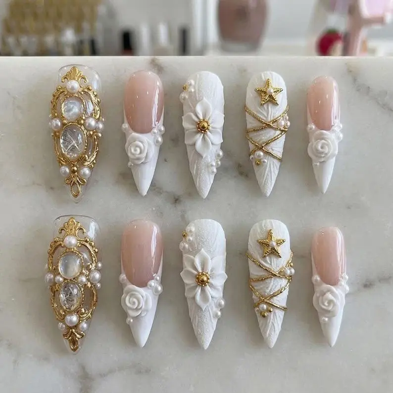 Luxury Bridal Press On Nails, White 3D Floral Pearl & Gold Design, Handmade Elegant Wedding Stiletto Fake Nails, Romantic Princess Nail Set