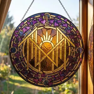 Sleep Token Gothic Mystical Geometric Stained Glass Suncatcher with Purple Ivy - Dark Aesthetic Window Decor - Alt Home Decor & Artistic Hanging Gift