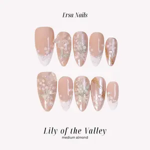 ErsaNails LILY OF THE VALLEY - Medium Almond 10 PCS Handmade Press On Nails | Dried flowers, French Tip & Pearl