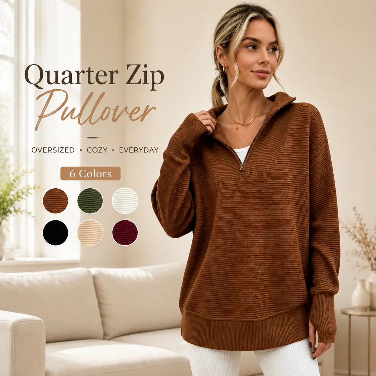 Women Quarter Zip Pullover Sweater, Oversized Ribbed Knit Long Sleeve Collared Sweatshirt, Casual Loose Fit Cozy Fall Winter Tops for Daily Wear, 6 Colors Available