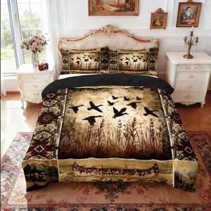 3-piece bedding set (1 duvet cover + 2 pillowcases, no insert) - Vintage American country style Indian print duvet cover set with duck and reed elements. Soft and comfortable bedding set, suitable for room decor, all year round, and makes a great gift.