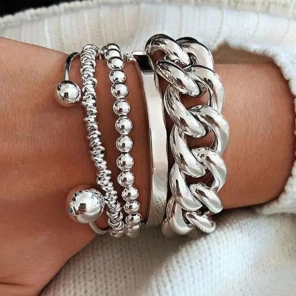 Unisex 5-Piece Cuban Chain Open Cuff Bracelets & Bangles Set, Stackable Design, Fashion Chain Style Jewelry for Women, Adults' Everyday Wear Costume Accessories