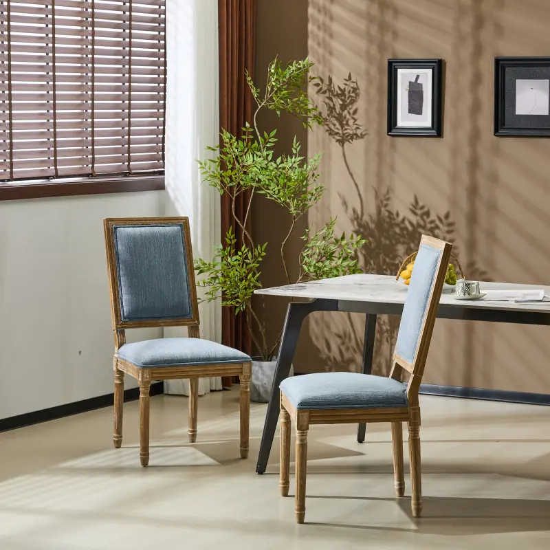 [Set of 2] French Country Dining Chairs - Elegant Cane Backrest & Upholstered Seats with Fluted Legs - Rustic Weathered Finish - Solid Rubberwood Frame - Vintage Inspired Kitchen & Dining Room Chairs
