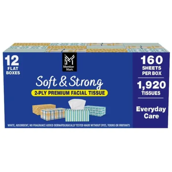 Facial Tissues 2-Ply Soft & Strong, 12 Flat Boxes, 160 Tissues Per Box (1,920 Total), Hypoallergenic Unscented Tissues for Home, Office & Sensitive Skin