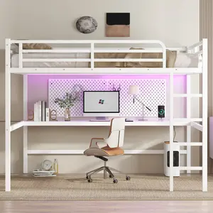 Queen Size Metal Loft Bed with Power Outlet and LED Lighted, Heavy-Duty Steel Frame, Space-Saving, Noise Free, White