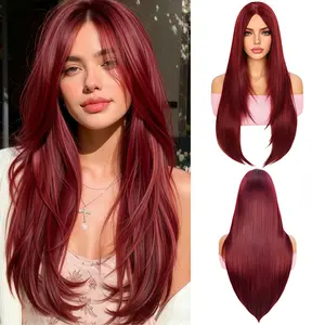 99J Burgundy Long Straight Layered Wigs for Women, 26 Inch Wine Red Middle Part Synthetic Hair Wig with Natural Hairline, Heat Resistant Fiber, No Glue Needed, Perfect for Daily Wear/Party/Cosplay, Synthetic Wigs, Glueless Wig