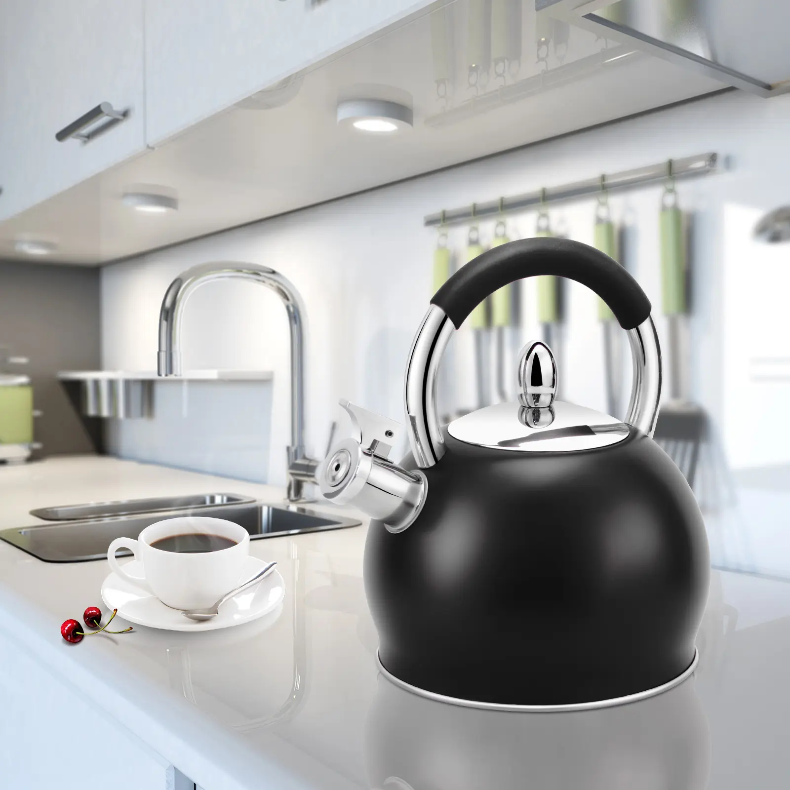 Modern Black Stainless Steel Kettle with Ergonomic Handle and Overflow Safety Feature for Kitchen Use