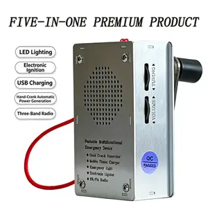 5 in 1 Portable Hand Crank Emergency Generator, Manual Power Bank with LED Flashlight, Electronic Ignition, Radio Function, USB Charging for Outdoor Camping, Hiking, Home Power Outage Survival Emergency Gear Rechargeable High Lumen Starting Fire
