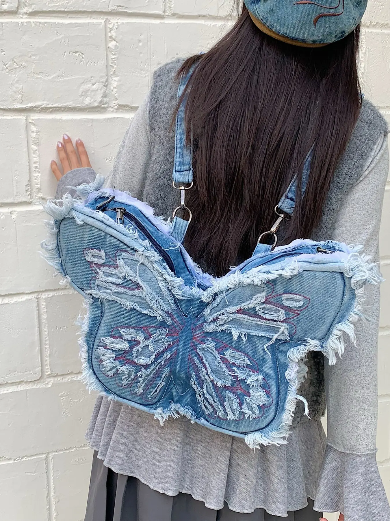 Women's Unique Design Washed Denim Bag Butterfly Shape Punk Style Shoulder Crossbody Backpack All Seasons Casual Trendy Versatile Bag Stylish Bag