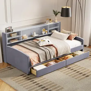 Twin Size Daybed with Bookcase Sideboard, Twin Size Upholstered Platform Bed with Storage and 2 Drawers, Reinforced Slats, No Box Spring Needed, Velvet