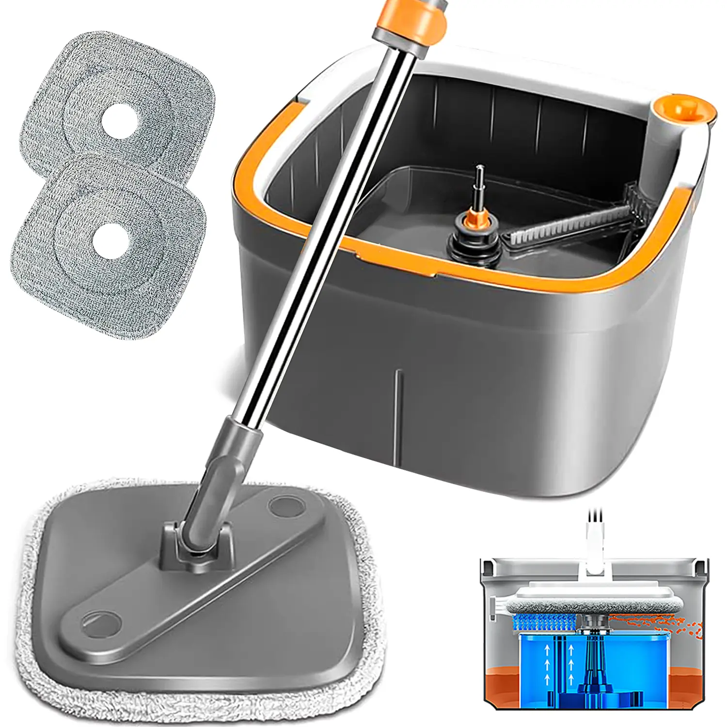 Dark Gray Spin Mop Bucket with 2 Pads
