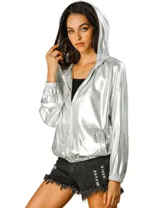 INSPIRE CHIC Holographic Party Shimmering Shiny Lightweight Zipper Hooded Metallic Jacket
