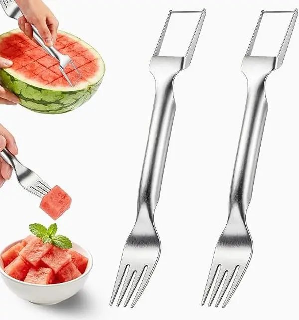 2-in-1 Watermelon Slicer & Fork – 2-Pack Stainless Steel Fruit Cutter Tool for Watermelon, Mango, Pitaya – Portable for Camping, Picnics, Home, Parties – Effortless Cubes & No Mess