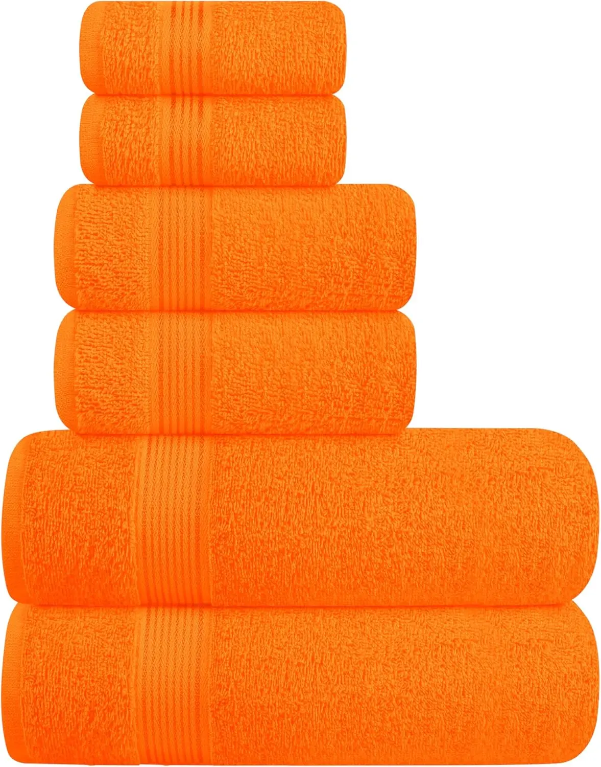 Ultra Soft 6 Pack Cotton Towel Set, Contains 2 Bath Towels 28x55 inch, 2 Hand Towels 16x24 inch & 2 Wash Coths 12x12 inch, Ideal for Everyday use, Compact & Lightweight - Orange