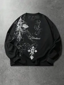 Unisex Dark Gothic Cross Waffle Long Sleeve Shirt, Baroque Vintage Print, American High Street Loose Fit, Men's and Women's Top