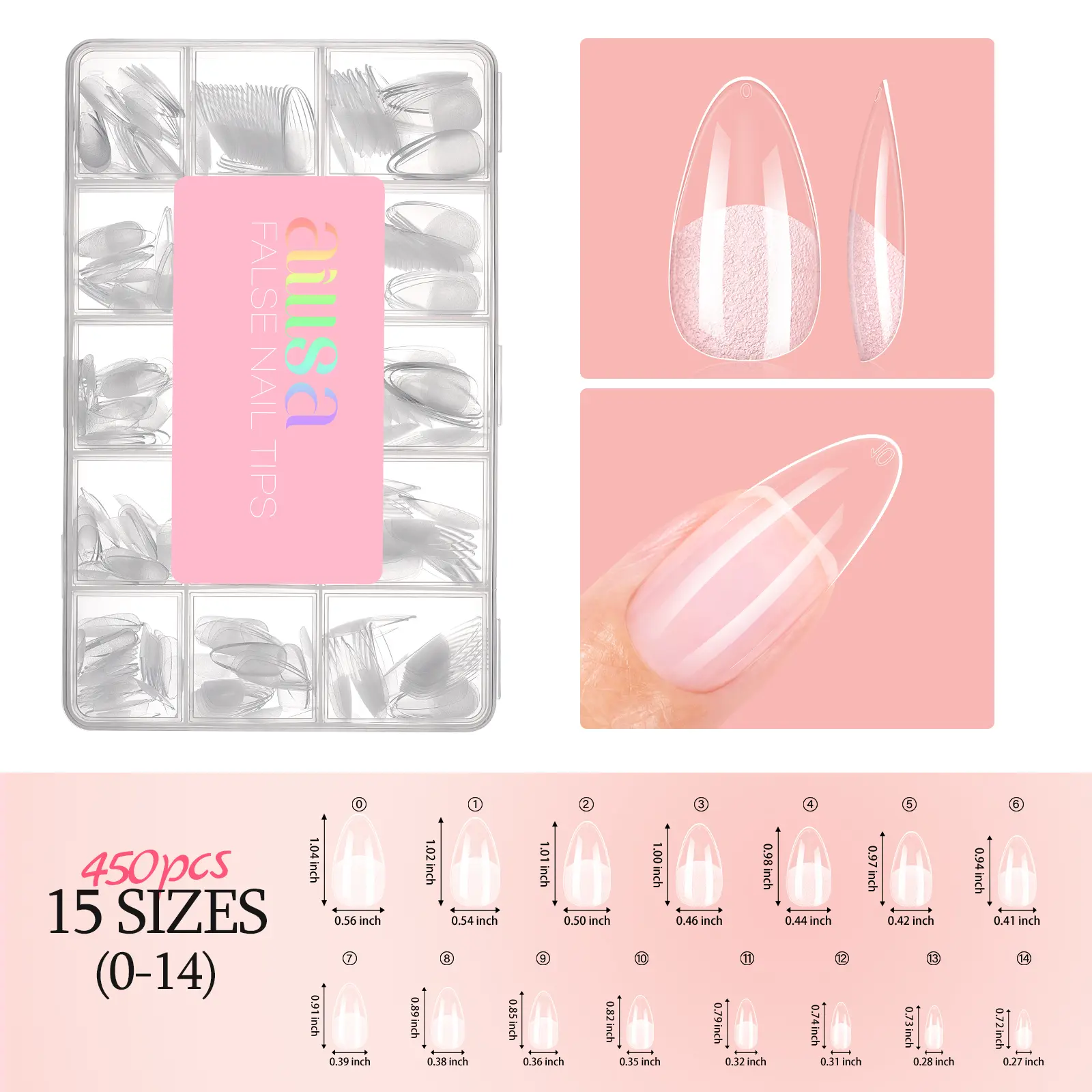 AILLSA Almond Soft Gel Nail Tips, 120pcs/450pcs box Clear Nail Tips, 15 Sizes Full Coverage Nail Extension, Acrylic Nails Easy for Beginners DIY Salon Fall Nails at Home 2025
