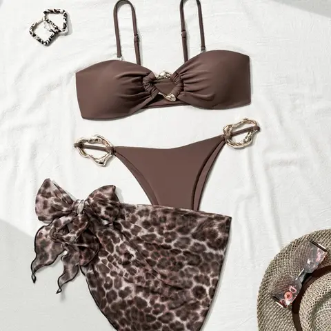 Women's Solid Swim Bra Bikini Top & Bottom & Leopard Print Cover Up Skirt Bikini Set, Casual Swimsuit Three-piece Set, Ladies Swimwear for Beach Holiday Vacation, Swimsuits Summer, Leopard Print Bikinis, Beach Swimwear Clothes