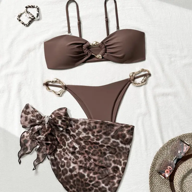 Women's Solid Swim Bra Bikini Top & Bottom & Leopard Print Cover Up Skirt Bikini Set, Casual Swimsuit Three-piece Set, Ladies Swimwear for Beach Holiday Vacation, Swimsuits Summer, Leopard Print Bikinis, Beach Swimwear Clothes
