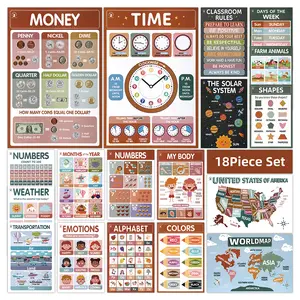 2026 New Model - DeerSen 18 Educational Posters Suitable for Children Aged 1-3 and 4-8: Numbers, Animals, Shapes, Body Parts, Days of the Week, Months, Colors, Family Learning Supplies. Suitable for Classroom Decoration and Learning